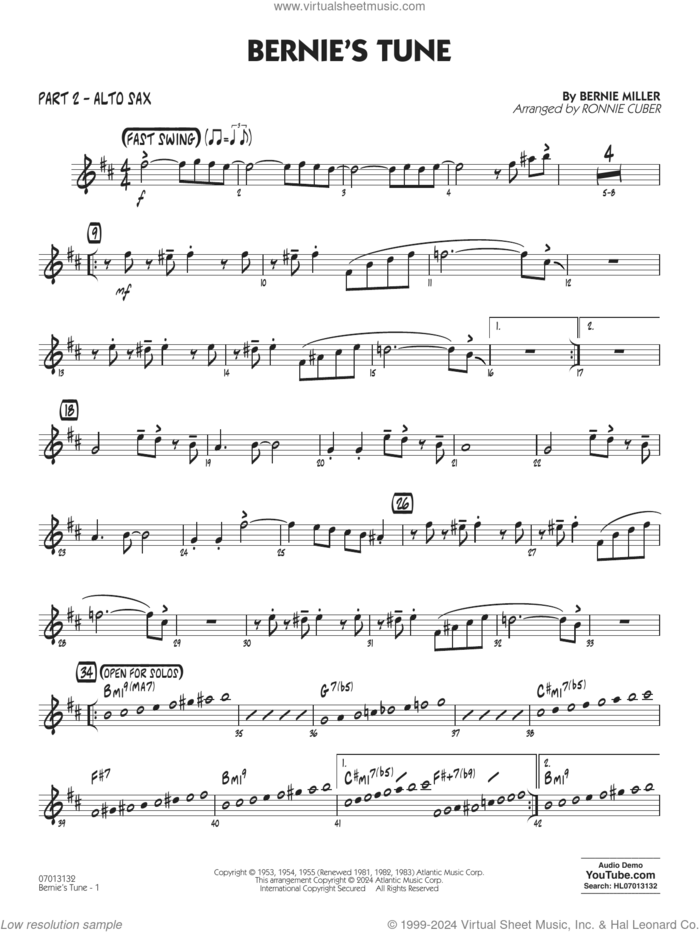 Bernie's Tune (arr. Ronnie Cuber) sheet music for jazz band (part 2 - alto sax) by Gerry Mulligan, Ronnie Cuber, Bernie Miller, Jerry Lieber and Mike Stoller, intermediate skill level