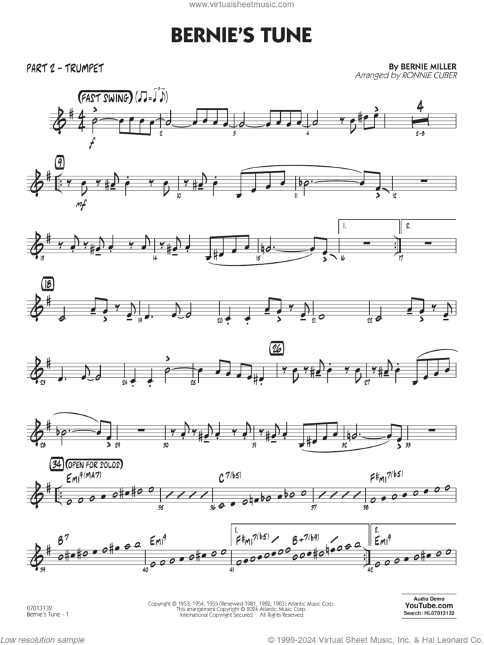 Bernie's Tune (arr. Ronnie Cuber) sheet music for jazz band (part 2 - trumpet) by Gerry Mulligan, Ronnie Cuber, Bernie Miller, Jerry Lieber and Mike Stoller, intermediate skill level