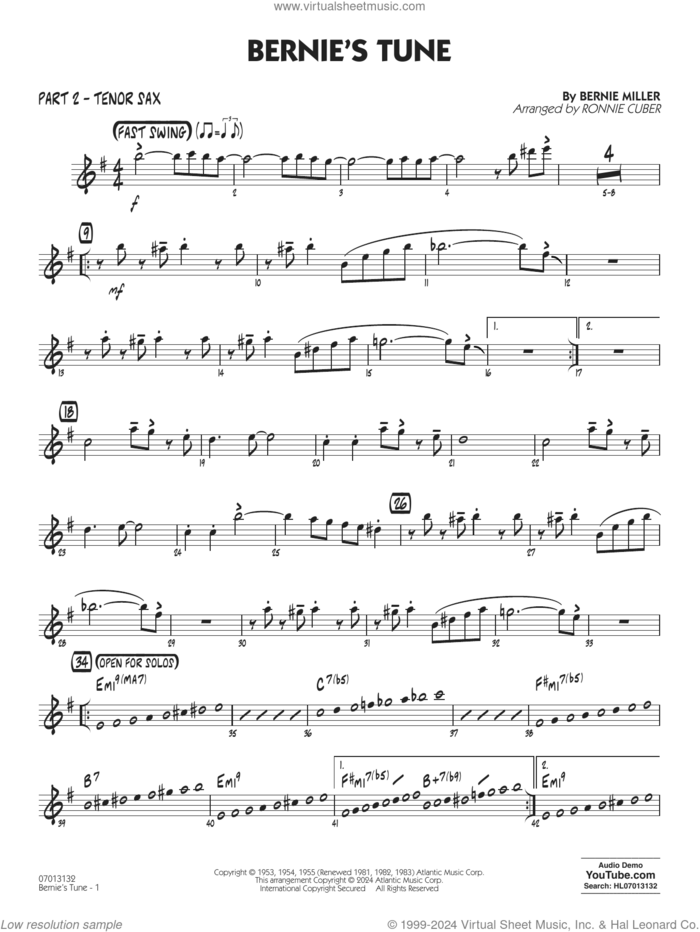 Bernie's Tune (arr. Ronnie Cuber) sheet music for jazz band (part 2 - tenor sax) by Gerry Mulligan, Ronnie Cuber, Bernie Miller, Jerry Lieber and Mike Stoller, intermediate skill level