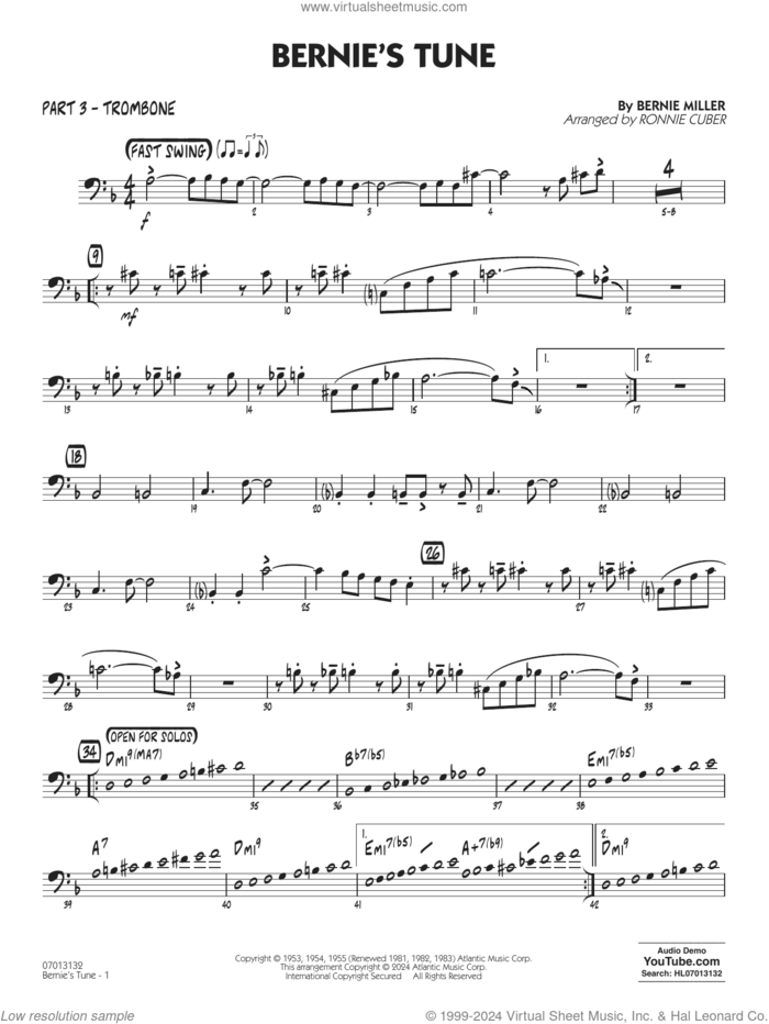 Bernie's Tune (arr. Ronnie Cuber) sheet music for jazz band (part 3 - trombone) by Gerry Mulligan, Ronnie Cuber, Bernie Miller, Jerry Lieber and Mike Stoller, intermediate skill level