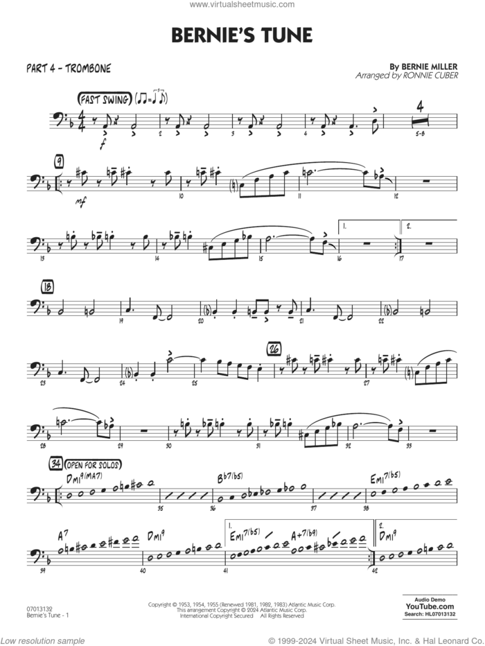 Bernie's Tune (arr. Ronnie Cuber) sheet music for jazz band (part 4 - trombone) by Gerry Mulligan, Ronnie Cuber, Bernie Miller, Jerry Lieber and Mike Stoller, intermediate skill level