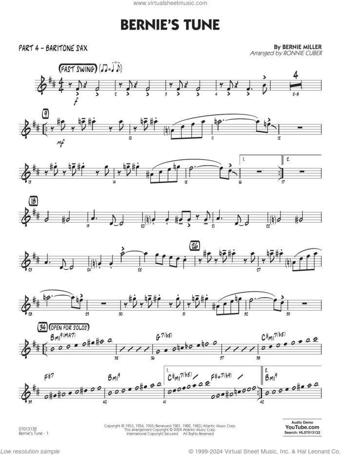 Bernie's Tune (arr. Ronnie Cuber) sheet music for jazz band (part 4 - baritone sax) by Gerry Mulligan, Ronnie Cuber, Bernie Miller, Jerry Lieber and Mike Stoller, intermediate skill level