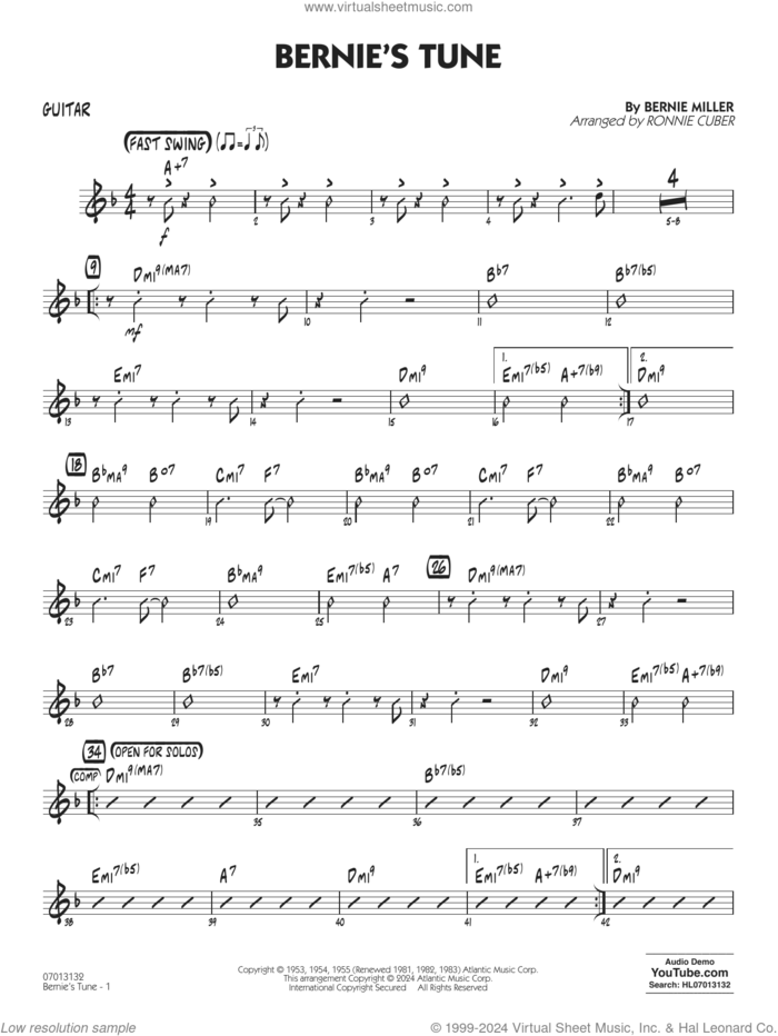 Bernie's Tune (arr. Ronnie Cuber) sheet music for jazz band (guitar) by Gerry Mulligan, Ronnie Cuber, Bernie Miller, Jerry Lieber and Mike Stoller, intermediate skill level