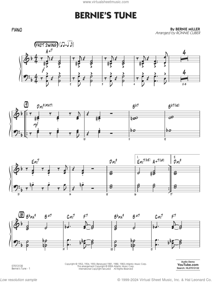 Bernie's Tune (arr. Ronnie Cuber) sheet music for jazz band (piano) by Gerry Mulligan, Ronnie Cuber, Bernie Miller, Jerry Lieber and Mike Stoller, intermediate skill level