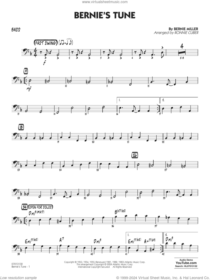 Bernie's Tune (arr. Ronnie Cuber) sheet music for jazz band (bass) by Gerry Mulligan, Ronnie Cuber, Bernie Miller, Jerry Lieber and Mike Stoller, intermediate skill level