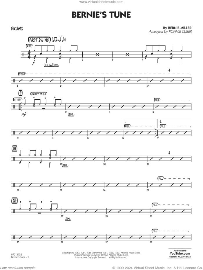 Bernie's Tune (arr. Ronnie Cuber) sheet music for jazz band (drums) by Gerry Mulligan, Ronnie Cuber, Bernie Miller, Jerry Lieber and Mike Stoller, intermediate skill level