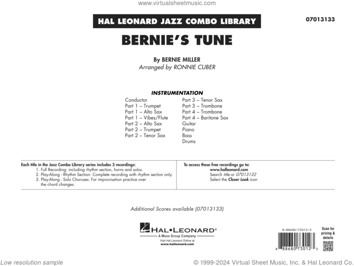 Bernie's Tune (COMPLETE) sheet music for jazz band by Gerry Mulligan, Bernie Miller, Jerry Lieber, Mike Stoller and Ronnie Cuber, intermediate skill level