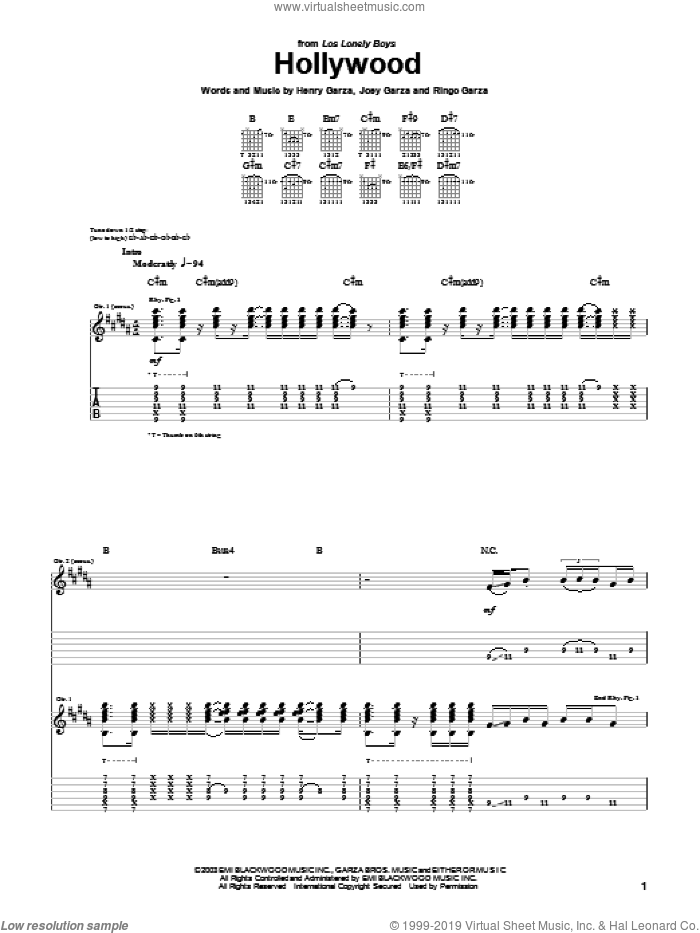 Hollywood sheet music for guitar (tablature) by Los Lonely Boys, Henry Garza, Joey Garza and Ringo Garza, intermediate skill level