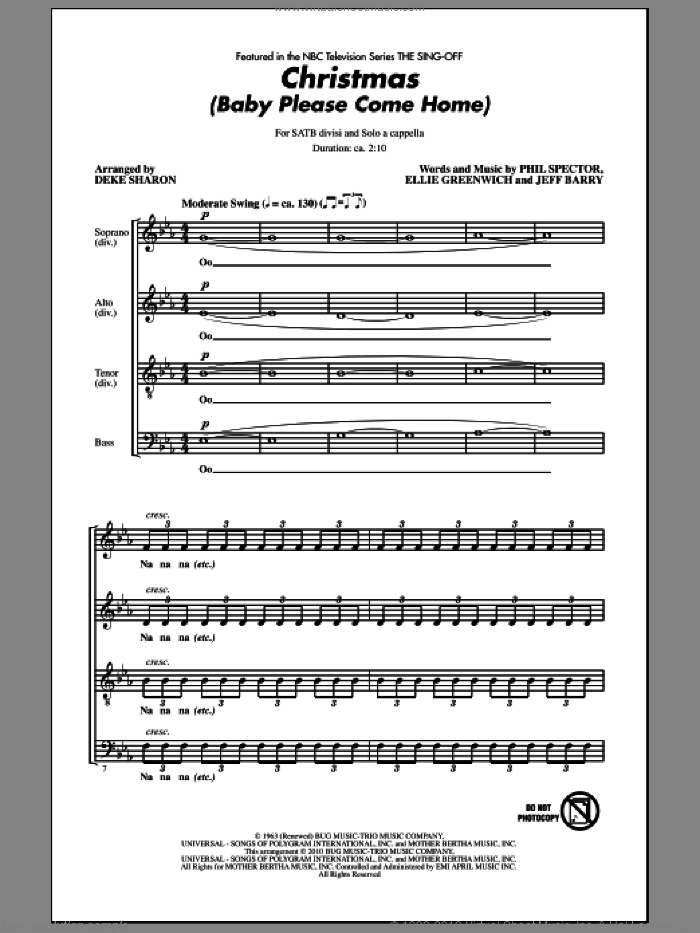 Christmas (Baby Please Come Home) (from NBC's The Sing-Off) sheet music for choir (SATB: soprano, alto, tenor, bass) by Jeff Barry, Ellie Greenwich, Phil Spector, Darlene Love and Deke Sharon, intermediate skill level