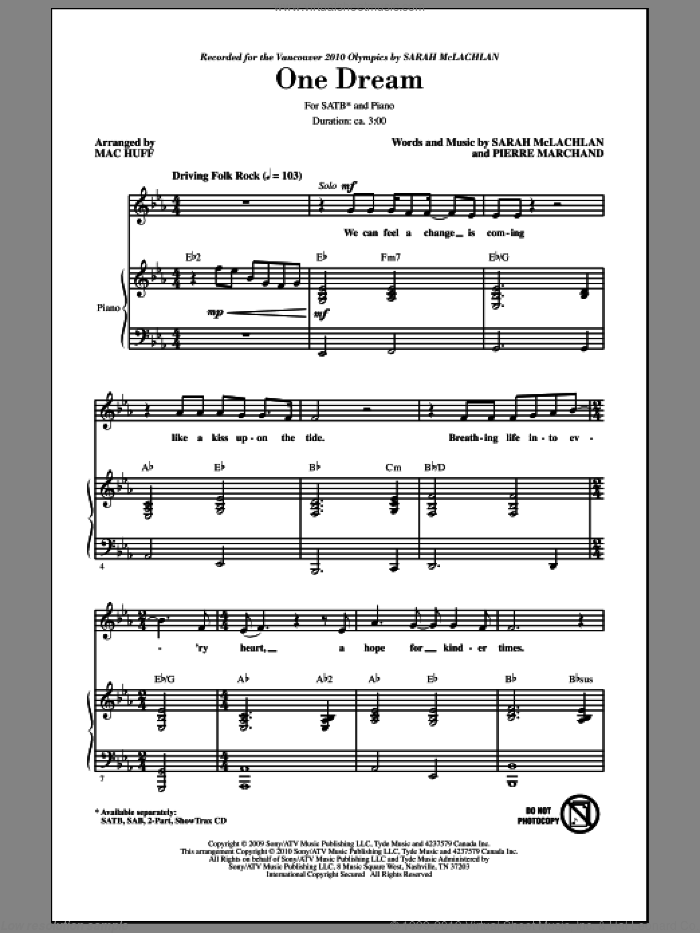 One Dream sheet music for choir (SATB: soprano, alto, tenor, bass) by Sarah McLachlan, Pierre Marchand and Mac Huff, intermediate skill level