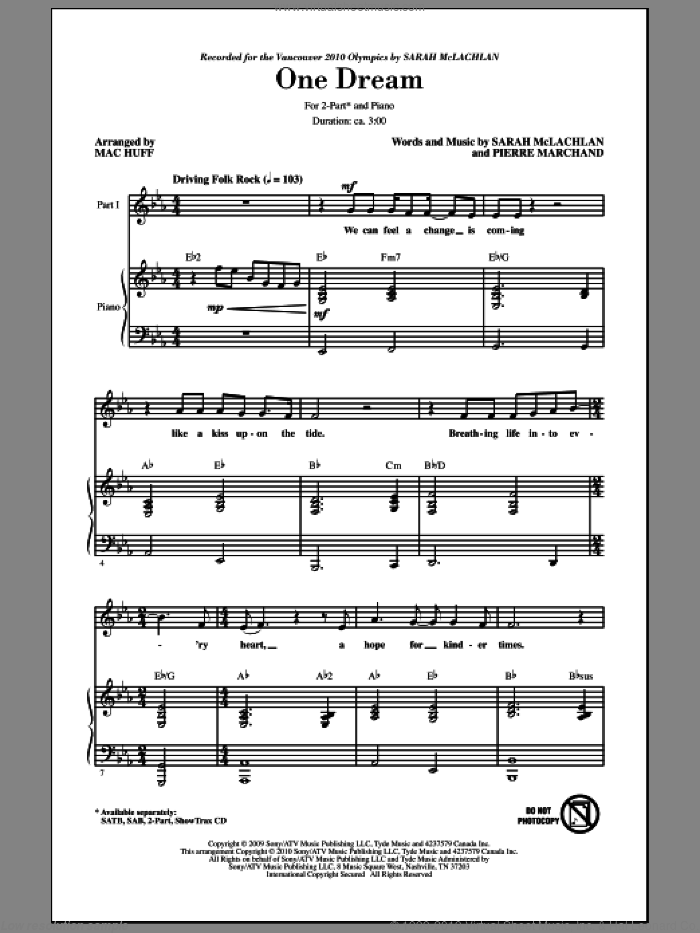 One Dream sheet music for choir (2-Part) by Sarah McLachlan, Pierre Marchand and Mac Huff, intermediate duet