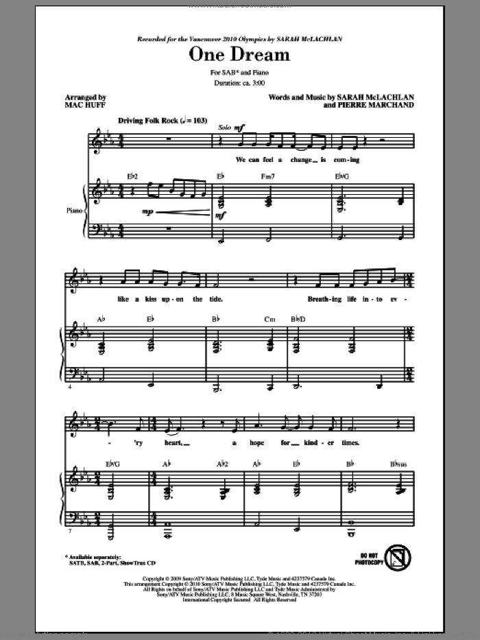 One Dream sheet music for choir (SAB: soprano, alto, bass) by Sarah McLachlan, Pierre Marchand and Mac Huff, intermediate skill level