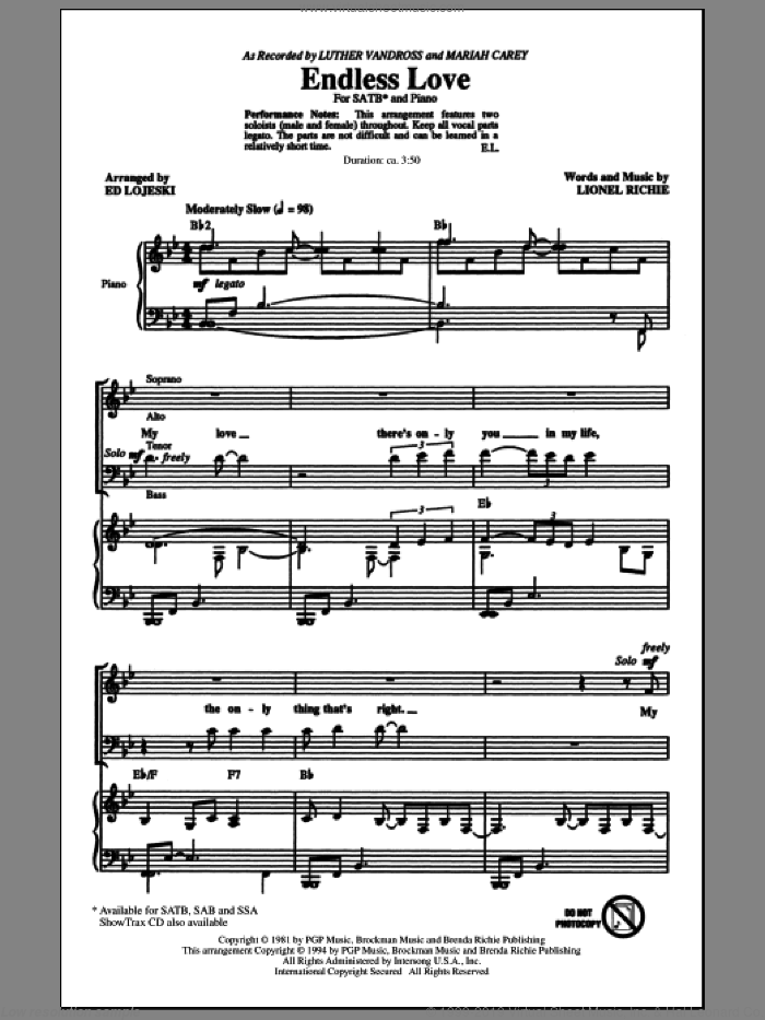 Endless Love sheet music for choir (SATB: soprano, alto, tenor, bass) by Lionel Richie, Ed Lojeski, Luther Vandross & Mariah Carey and Miscellaneous, intermediate skill level