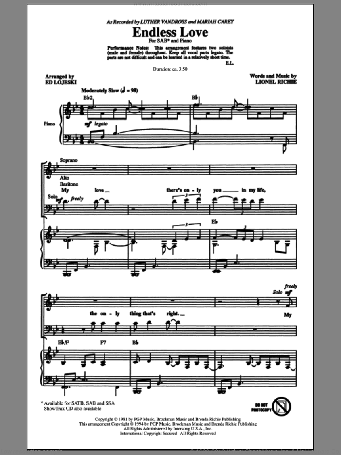 Endless Love sheet music for choir (SAB: soprano, alto, bass) by Lionel Richie, Ed Lojeski, Luther Vandross & Mariah Carey and Miscellaneous, wedding score, intermediate skill level