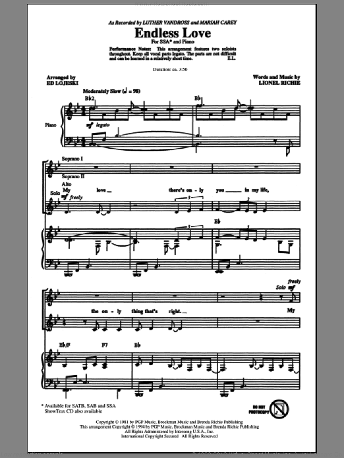 Endless Love sheet music for choir (SSA: soprano, alto) by Lionel Richie, Ed Lojeski, Luther Vandross & Mariah Carey and Miscellaneous, wedding score, intermediate skill level