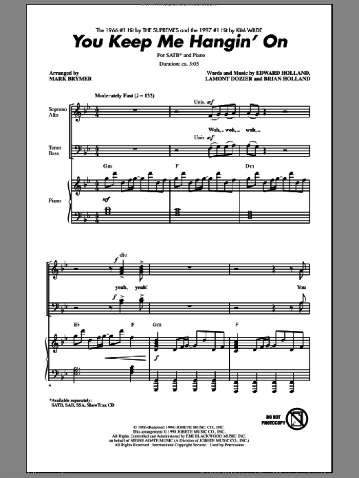 You Keep Me Hangin' On sheet music for choir (SATB: soprano, alto, tenor, bass) by Brian Holland, Eddie Holland, Lamont Dozier, Kim Wilde, Mark Brymer and The Supremes, intermediate skill level
