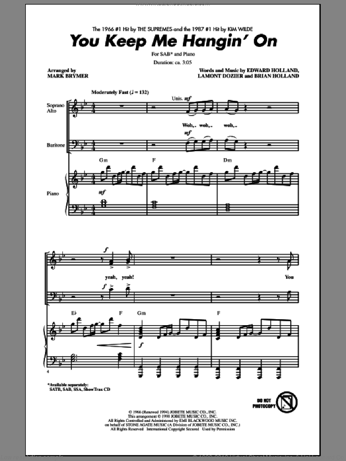 You Keep Me Hangin' On sheet music for choir (SAB: soprano, alto, bass) by Brian Holland, Eddie Holland, Lamont Dozier, Kim Wilde, Mark Brymer and The Supremes, intermediate skill level