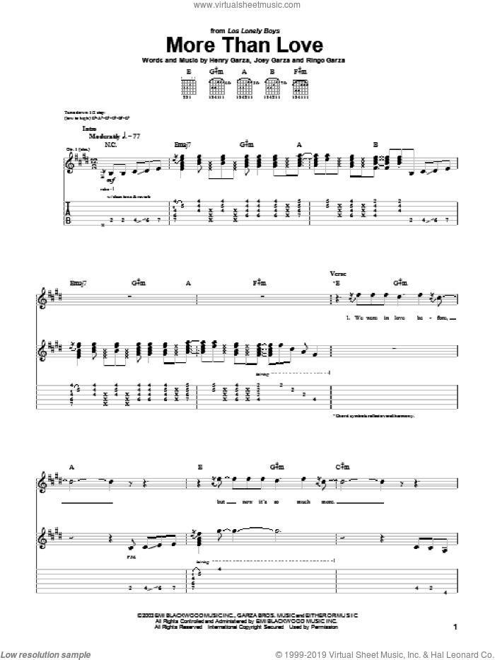 More Than Love sheet music for guitar (tablature) by Los Lonely Boys, Henry Garza, Joey Garza and Ringo Garza, intermediate skill level