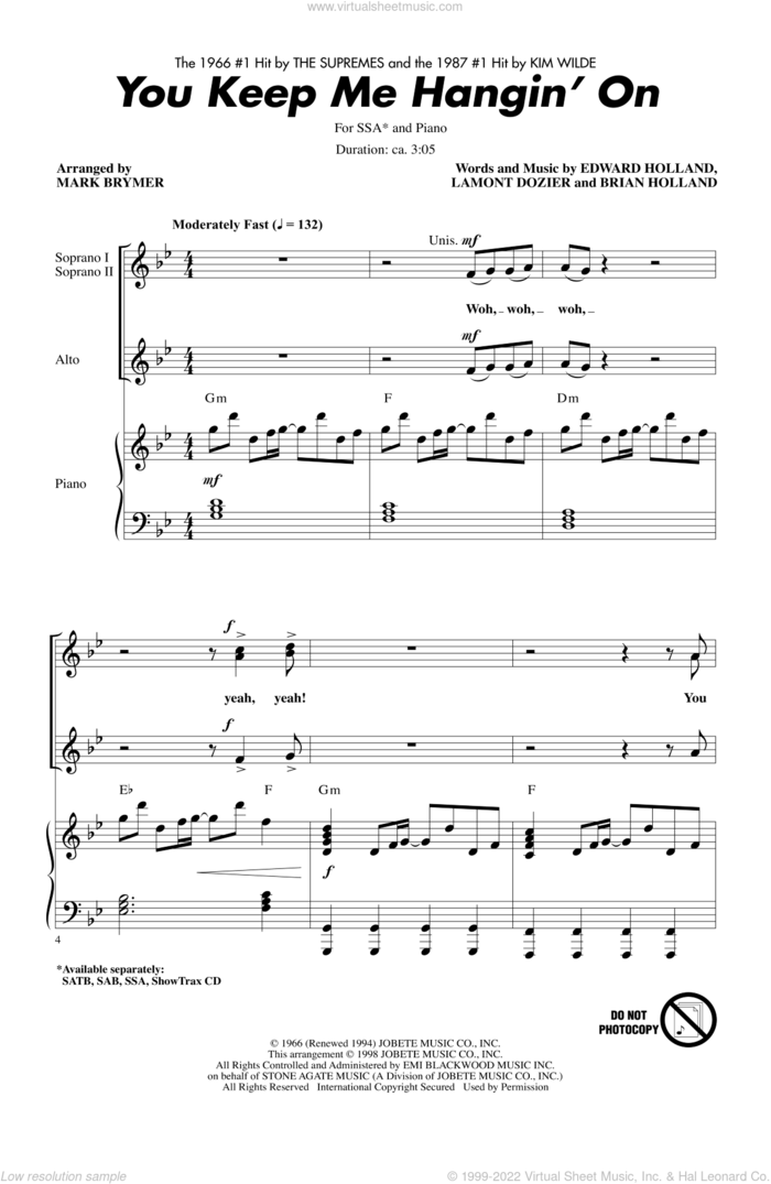You Keep Me Hangin' On sheet music for choir (SSA: soprano, alto) by Brian Holland, Eddie Holland, Lamont Dozier, Kim Wilde, Mark Brymer and The Supremes, intermediate skill level