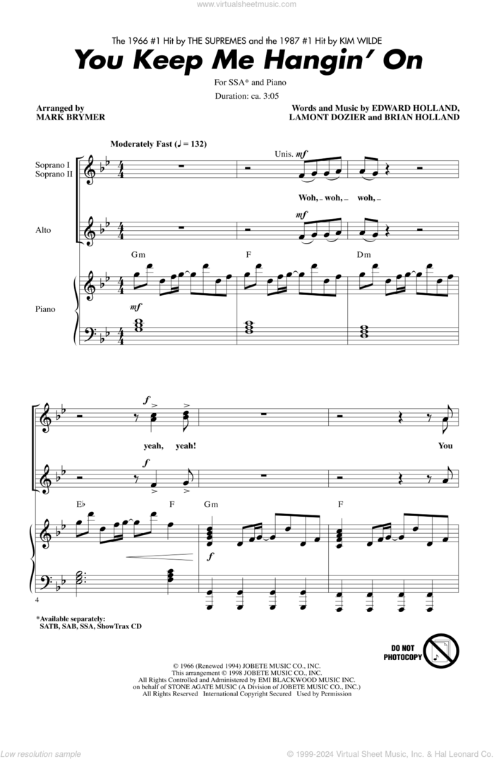 You Keep Me Hangin' On sheet music for choir (SSA: soprano, alto) by Brian Holland, Eddie Holland, Lamont Dozier, Kim Wilde, Mark Brymer and The Supremes, intermediate skill level