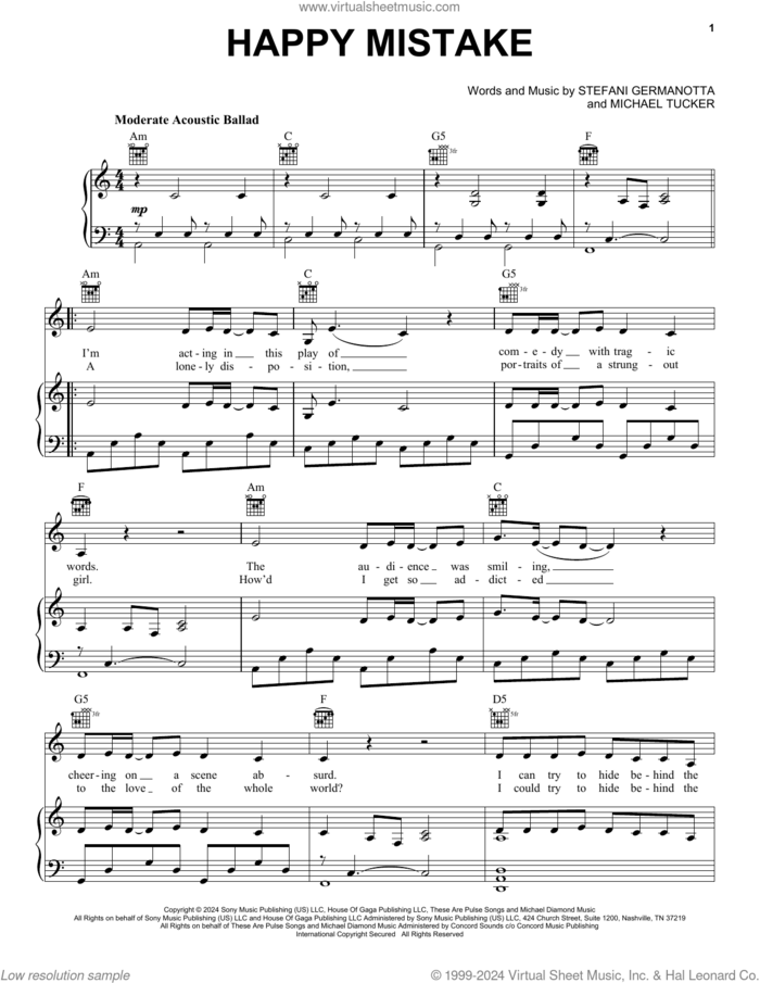 Happy Mistake sheet music for voice, piano or guitar by Lady Gaga and Michael Tucker, intermediate skill level