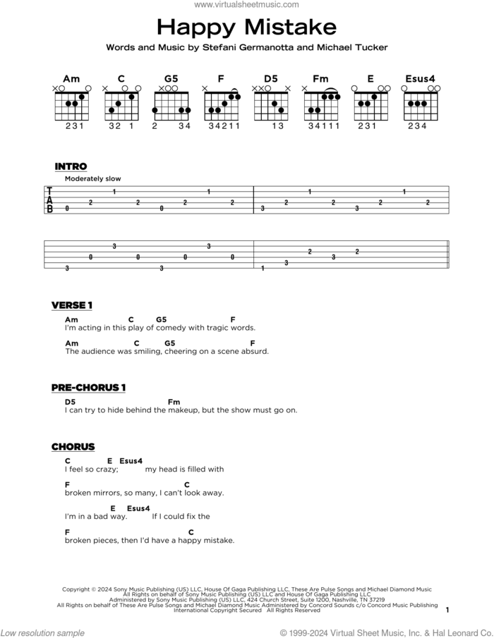 Happy Mistake sheet music for guitar solo by Lady Gaga and Michael Tucker, beginner skill level