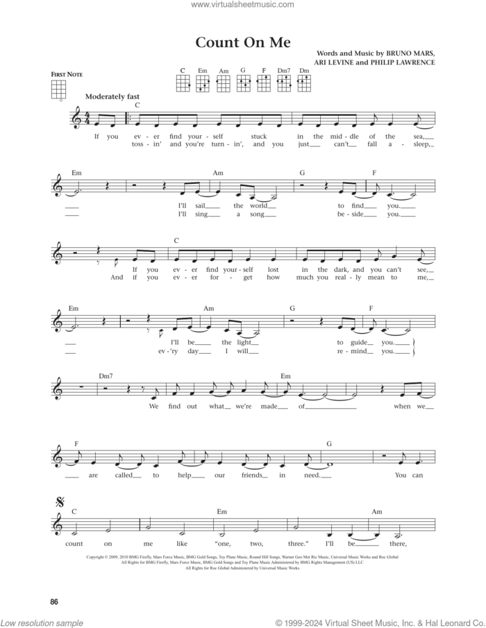 Count On Me (from The Daily Ukulele) (arr. Jim Beloff) sheet music for ukulele by Bruno Mars, Jim Beloff, Ari Levine and Philip Lawrence, intermediate skill level