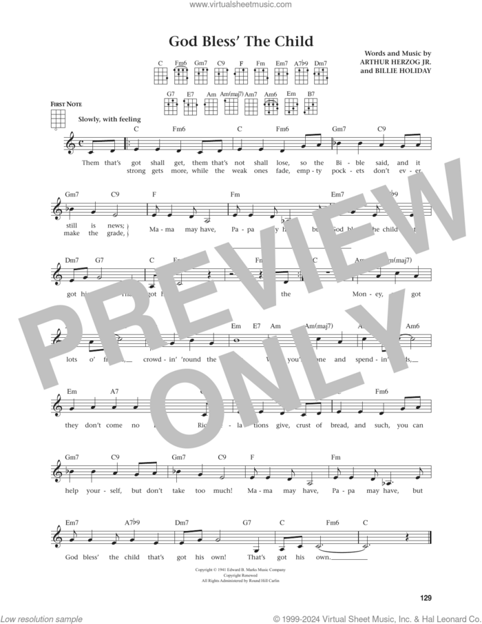 God Bless' The Child (from The Daily Ukulele) (arr. Jim Beloff) sheet music for ukulele by Billie Holiday, Jim Beloff and Arthur Herzog Jr., intermediate skill level