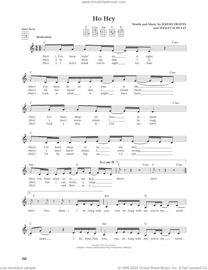 Ho Hey (from The Daily Ukulele) (arr. Jim Beloff) sheet music for ukulele by The Lumineers, Jim Beloff, Jeremy Fraites and Wesley Schultz, intermediate skill level