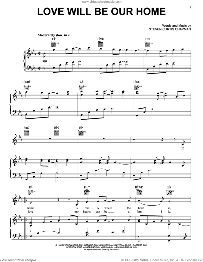 Love Will Be Our Home sheet music for voice, piano or guitar by Sandi Patty and Steven Curtis Chapman, wedding score, intermediate skill level