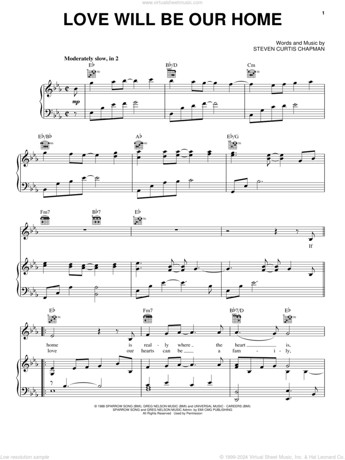 Love Will Be Our Home sheet music for voice, piano or guitar by Sandi Patty and Steven Curtis Chapman, wedding score, intermediate skill level