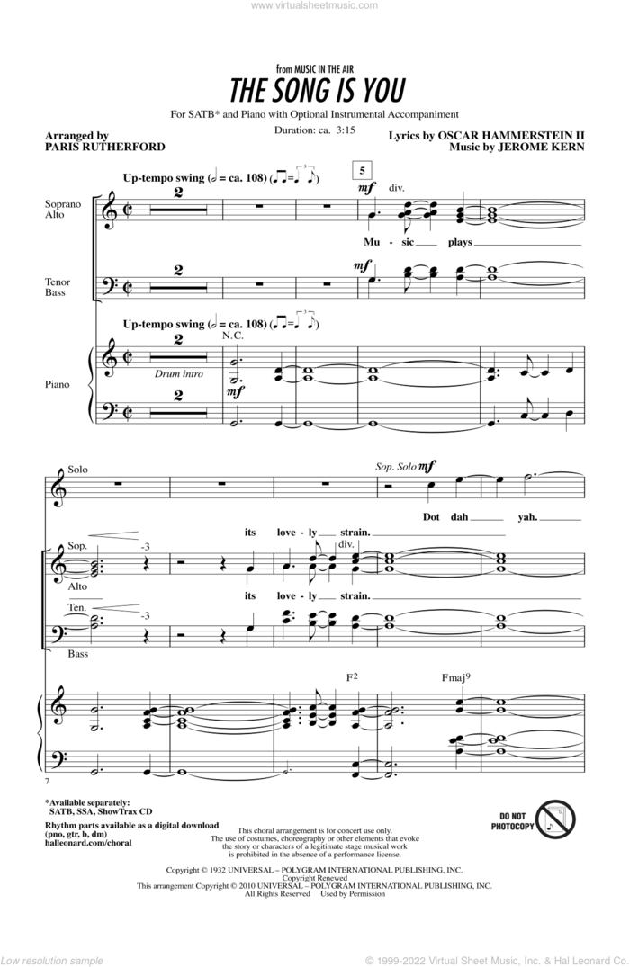 The Song Is You sheet music for choir (SATB: soprano, alto, tenor, bass) by Oscar II Hammerstein, Jerome Kern and Paris Rutherford, intermediate skill level
