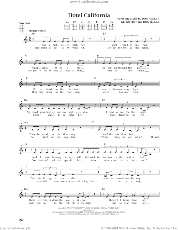 Hotel California (from The Daily Ukulele) (arr. Jim Beloff) sheet music for ukulele by Don Henley, Jim Beloff, The Eagles, Don Felder and Glenn Frey, intermediate skill level