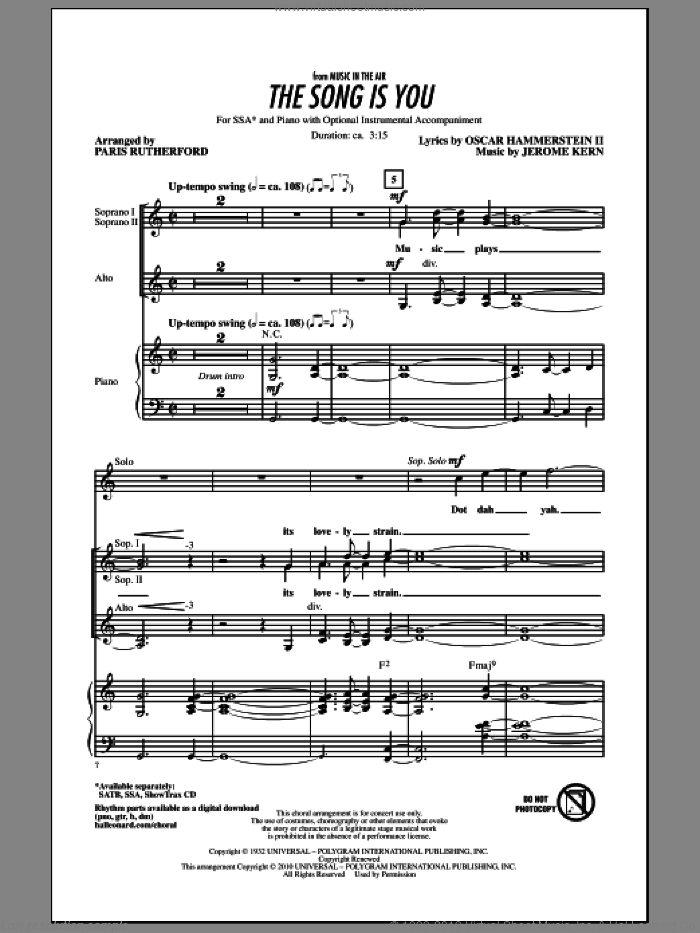 The Song Is You sheet music for choir (SSA: soprano, alto) by Oscar II Hammerstein, Jerome Kern and Paris Rutherford, intermediate skill level