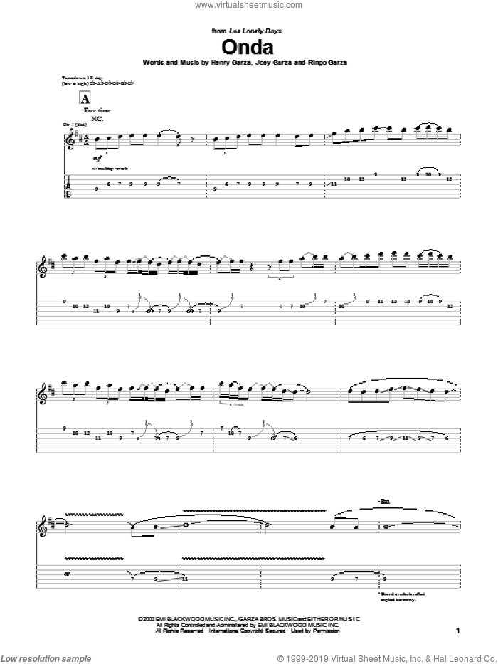 Onda sheet music for guitar (tablature) by Los Lonely Boys, Henry Garza, Joey Garza and Ringo Garza, intermediate skill level