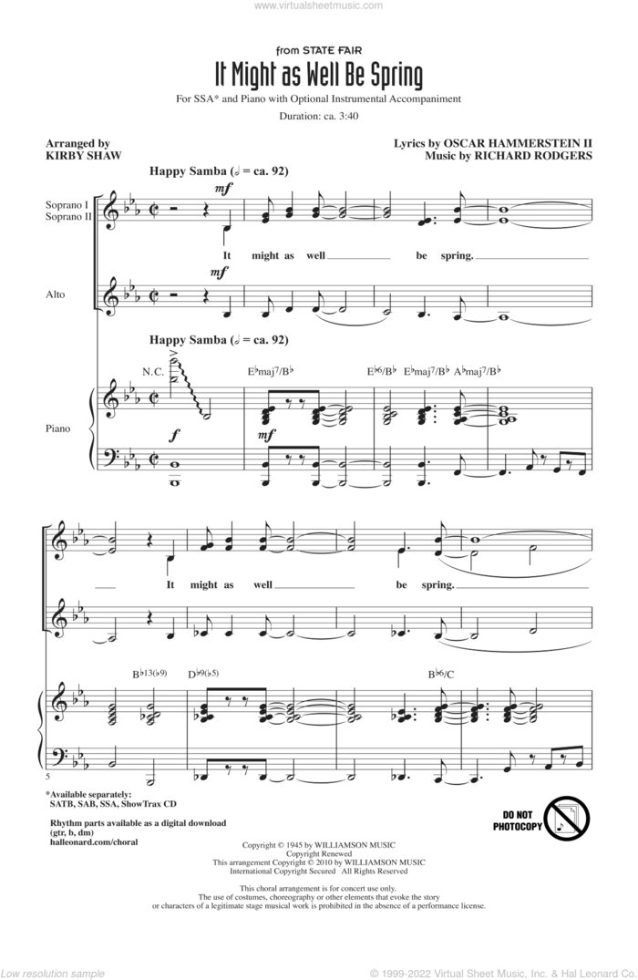 It Might As Well Be Spring sheet music for choir (SSA: soprano, alto) by Richard Rodgers, Oscar II Hammerstein and Kirby Shaw, intermediate skill level