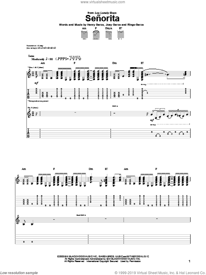 Senorita sheet music for guitar (tablature) by Los Lonely Boys, Henry Garza, Joey Garza and Ringo Garza, intermediate skill level
