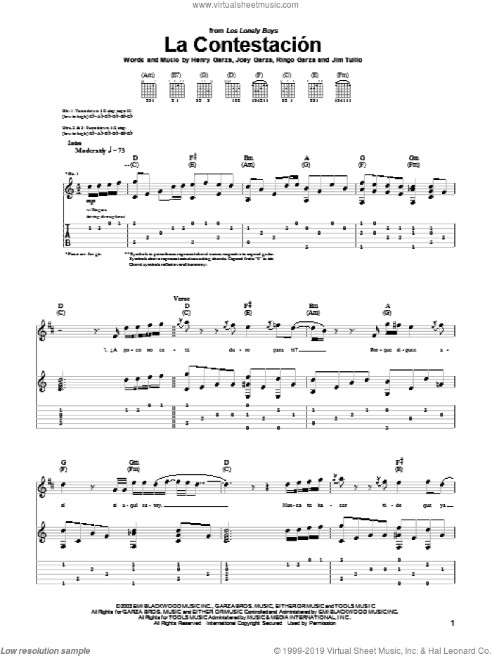 La Contestacion sheet music for guitar (tablature) by Los Lonely Boys, Henry Garza, Jim Tullio, Joey Garza and Ringo Garza, intermediate skill level
