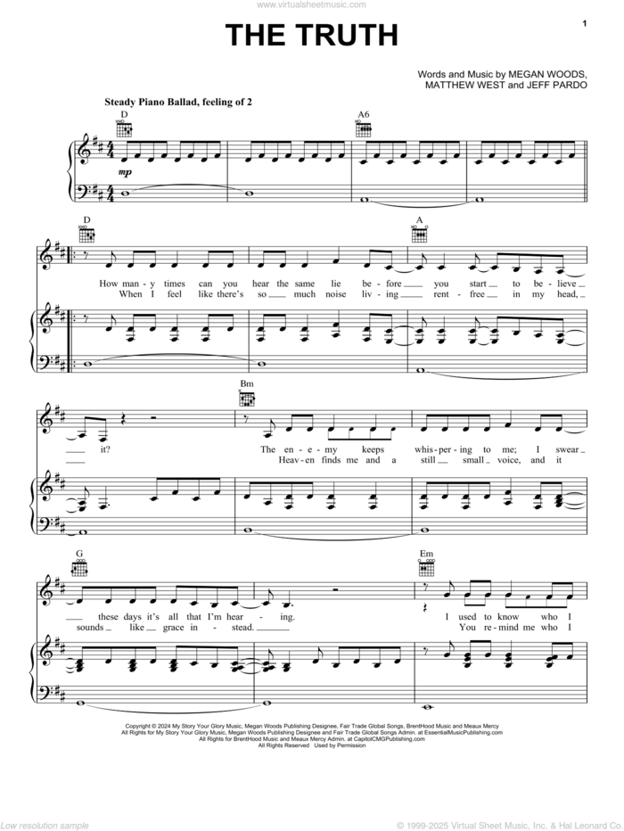 The Truth sheet music for voice, piano or guitar by Megan Woods, Jeff Pardo and Matthew West, intermediate skill level