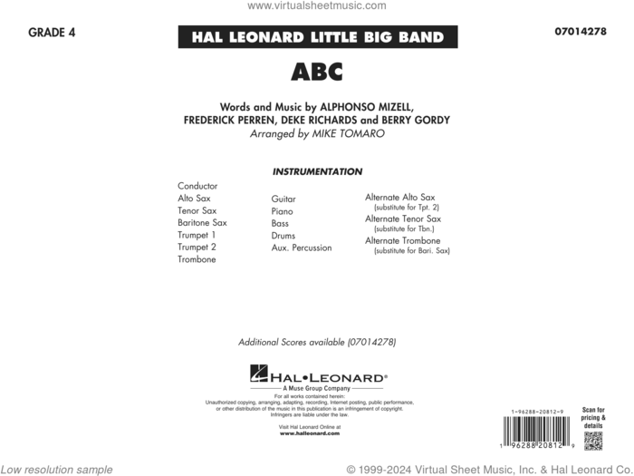 ABC (arr. Mike Tomaro) (COMPLETE) sheet music for jazz band by The Jackson 5, Alphonso Mizell, Berry Gordy, Deke Richards, Frederick Perren and Mike Tomaro, intermediate skill level