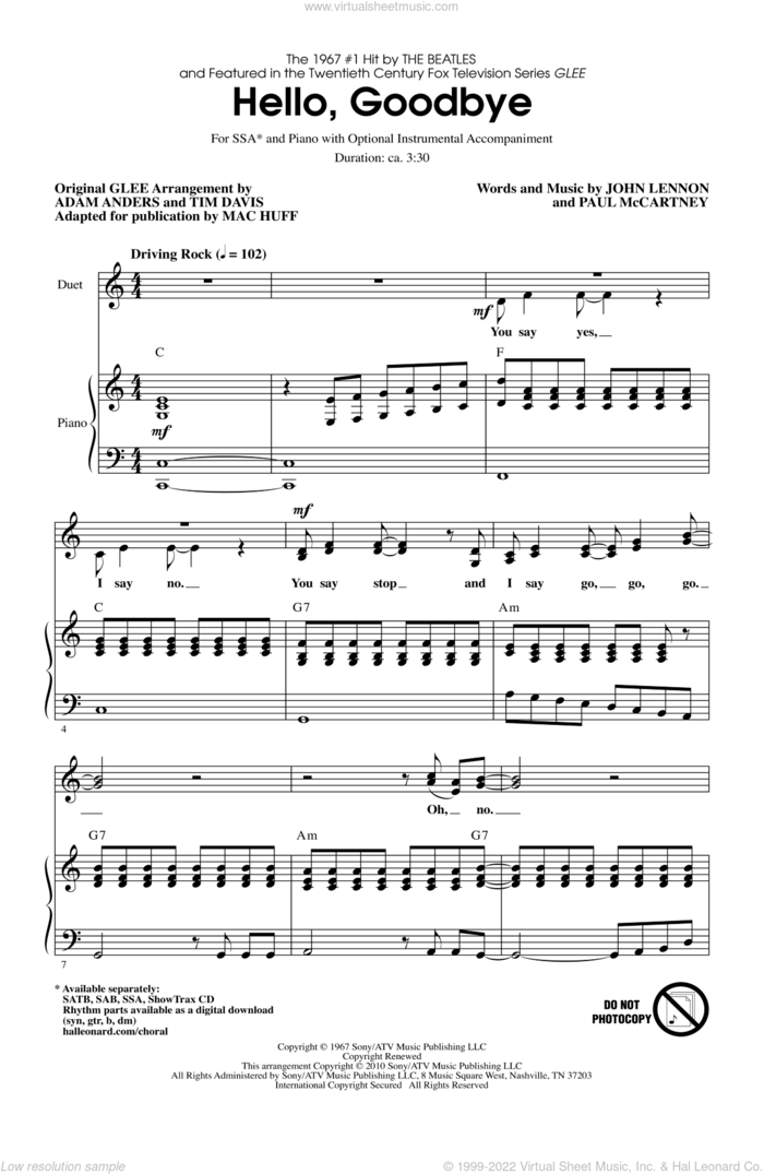 Hello, Goodbye sheet music for choir (SSA: soprano, alto) by Paul McCartney, John Lennon, Adam Anders, Glee Cast, Mac Huff, Miscellaneous, The Beatles and Tim Davis, intermediate skill level