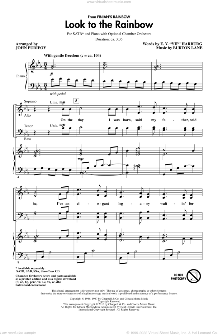 Look To The Rainbow (from Finian's Rainbow) sheet music for choir (SATB: soprano, alto, tenor, bass) by Burton Lane, E.Y. Harburg and John Purifoy, intermediate skill level
