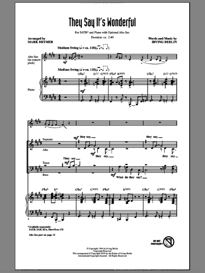 They Say It's Wonderful sheet music for choir (SATB: soprano, alto, tenor, bass) by Irving Berlin and Mark Brymer, intermediate skill level
