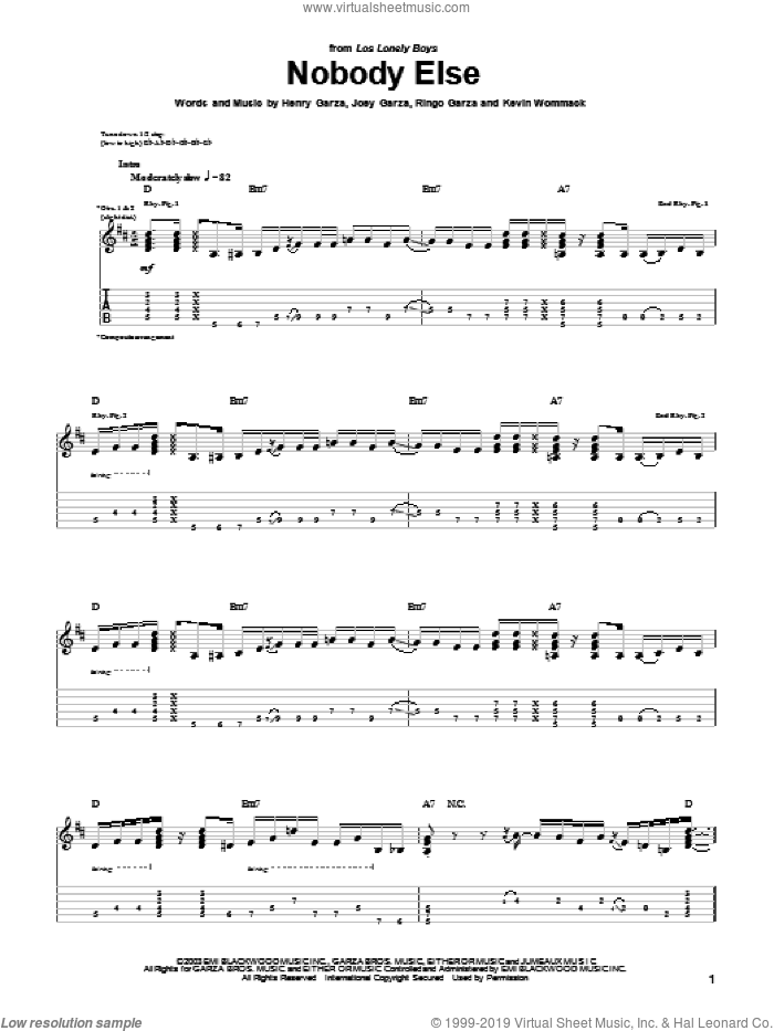 Nobody Else sheet music for guitar (tablature) by Los Lonely Boys, Henry Garza, Joey Garza, Kevin Wommack and Ringo Garza, intermediate skill level