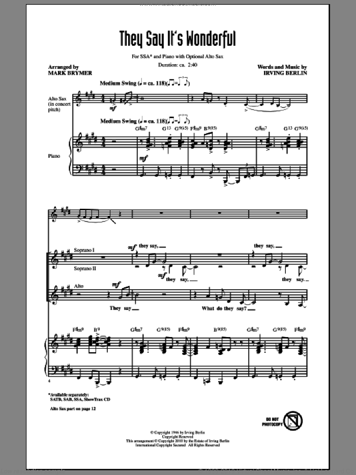 They Say It's Wonderful sheet music for choir (SSA: soprano, alto) by Irving Berlin and Mark Brymer, intermediate skill level