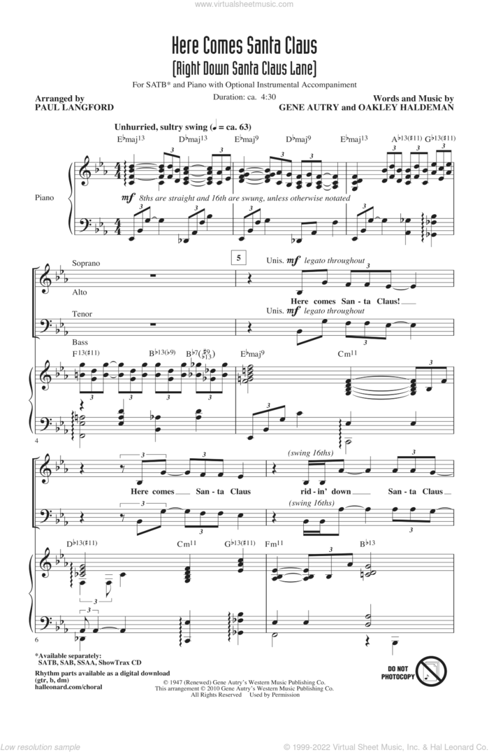 Here Comes Santa Claus (Right Down Santa Claus Lane) sheet music for choir (SATB: soprano, alto, tenor, bass) by Gene Autry, Oakley Haldeman and Paul Langford, intermediate skill level