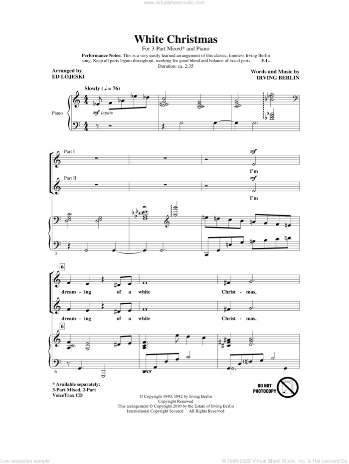 White Christmas (arr. Ed Lojeski) sheet music for choir (3-Part Mixed) by Irving Berlin and Ed Lojeski, intermediate skill level