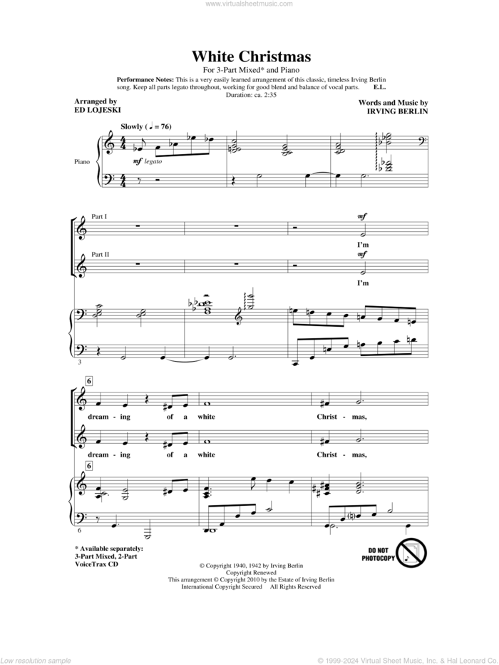 White Christmas (arr. Ed Lojeski) sheet music for choir (3-Part Mixed) by Irving Berlin and Ed Lojeski, intermediate skill level