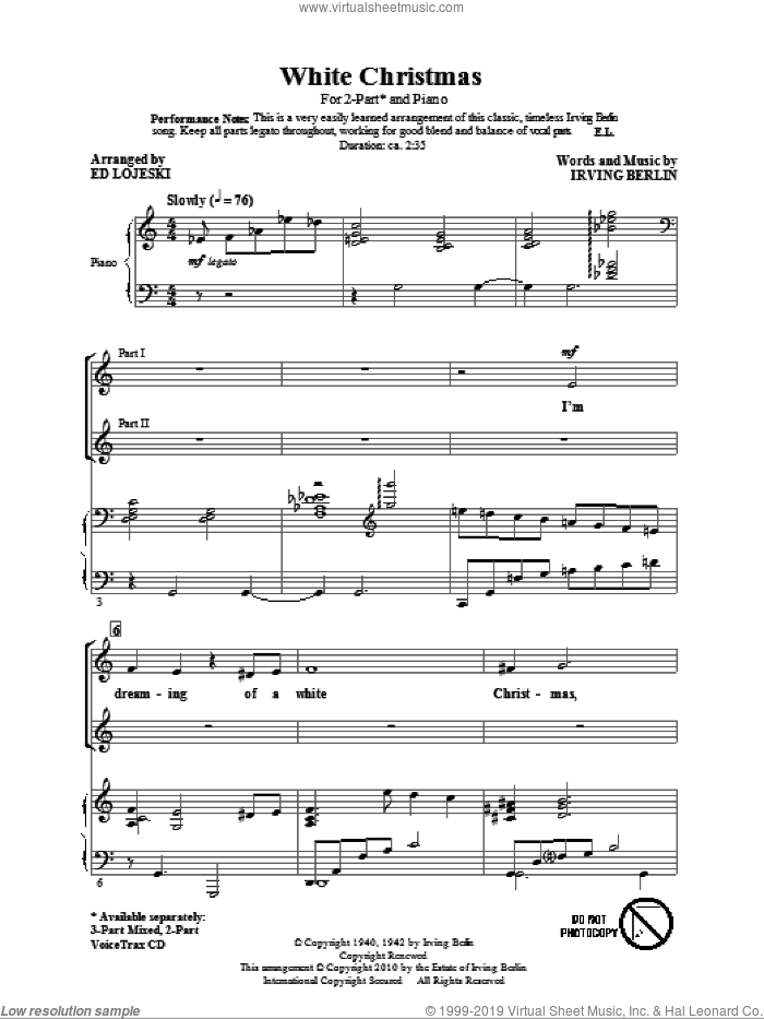White Christmas (arr. Ed Lojeski) sheet music for choir (2-Part) by Irving Berlin and Ed Lojeski, intermediate duet