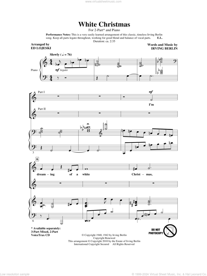 White Christmas (arr. Ed Lojeski) sheet music for choir (2-Part) by Irving Berlin and Ed Lojeski, intermediate duet